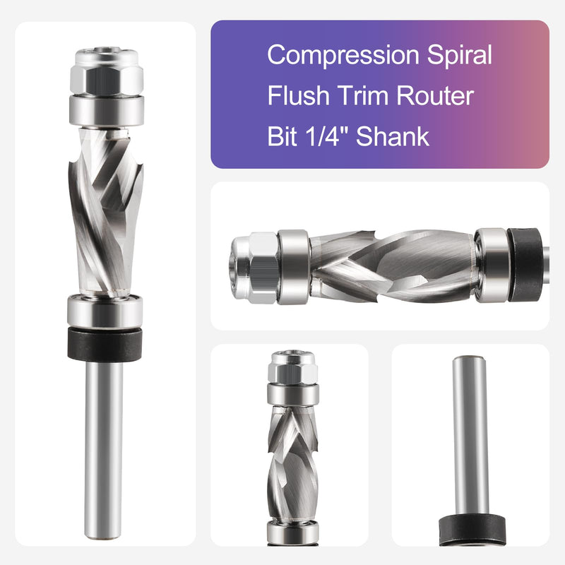 Compression Spiral Flush Trim Router Bit 1/4" Shank with Top and Bottom Bearing,1/2" Cutting Dia, Compression Flush Trim Bit for Wood Trimming Template Router Bit and Pattern Work Router Bits 1/2" Cutting Dia 1/4" Shank