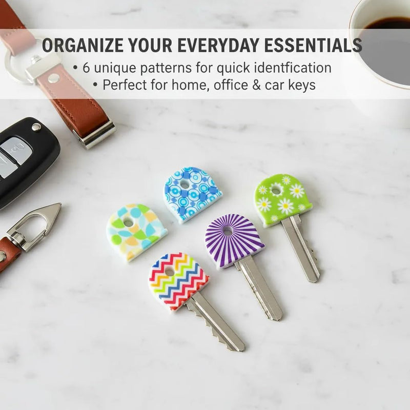6Pcs Unique Key Covers Caps Silicone Decorative Head Protector Set | Patterned flexible silicone key caps slip over flat keys to prevent scratches for students carrying keychains. 6pcs Printed Pattern
