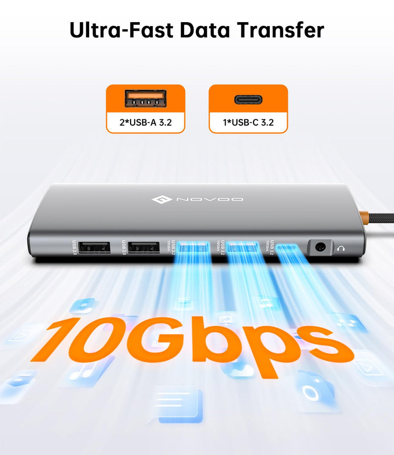 NOVOO 14-in-1 USB C Docking Station for Laptop, Triple MonitorI & 4K@60Hz | 100W PD, 10Gbps USB, Gigabit Ethernet, SD/TF, Audio for Dell/HP/Lenovo