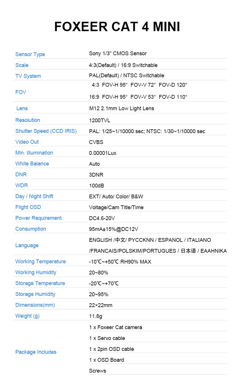 FPV Camera Foxeer Mini Cat 4 1200TVL Starlight 0.00001Lux Global WDR Night Vision Camera 1/3" CMOS Sensor 4:3/16:9 Switchable with OSD Board for RC FPV Racing Drone