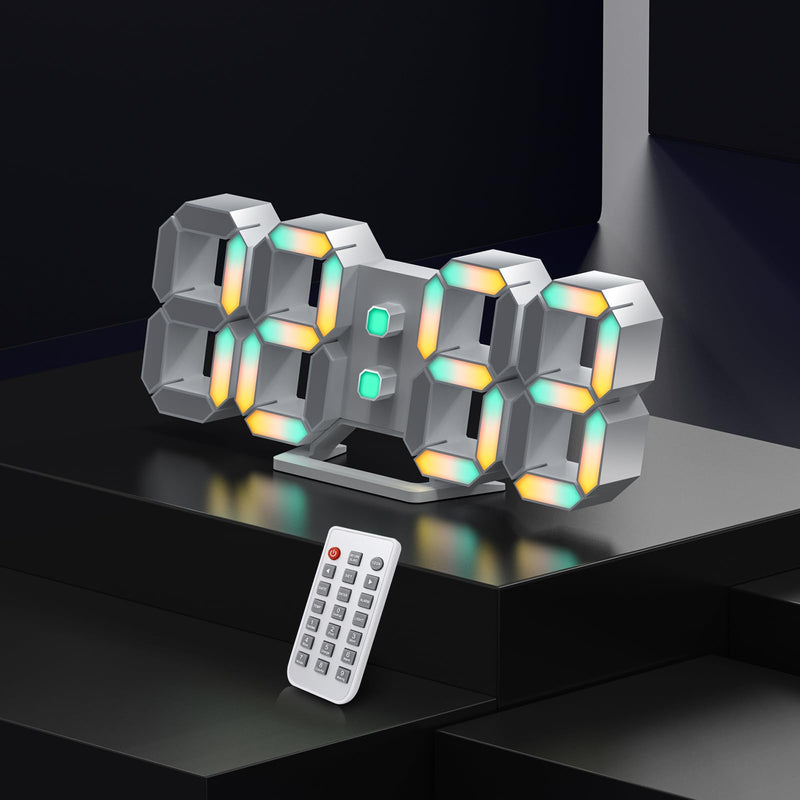 EDUP HOME 3D LED Neon Digital Desk Wall Alarm Clock RGB Night Light 7 Colors 9.7" with Remote Control for Bedroom/Living Room/Kitchen/Office, Adjustable Brightness,12/24 Hr, Time/Date/Temperature 7 Colors Lights 9.7" Led Clock + White Design