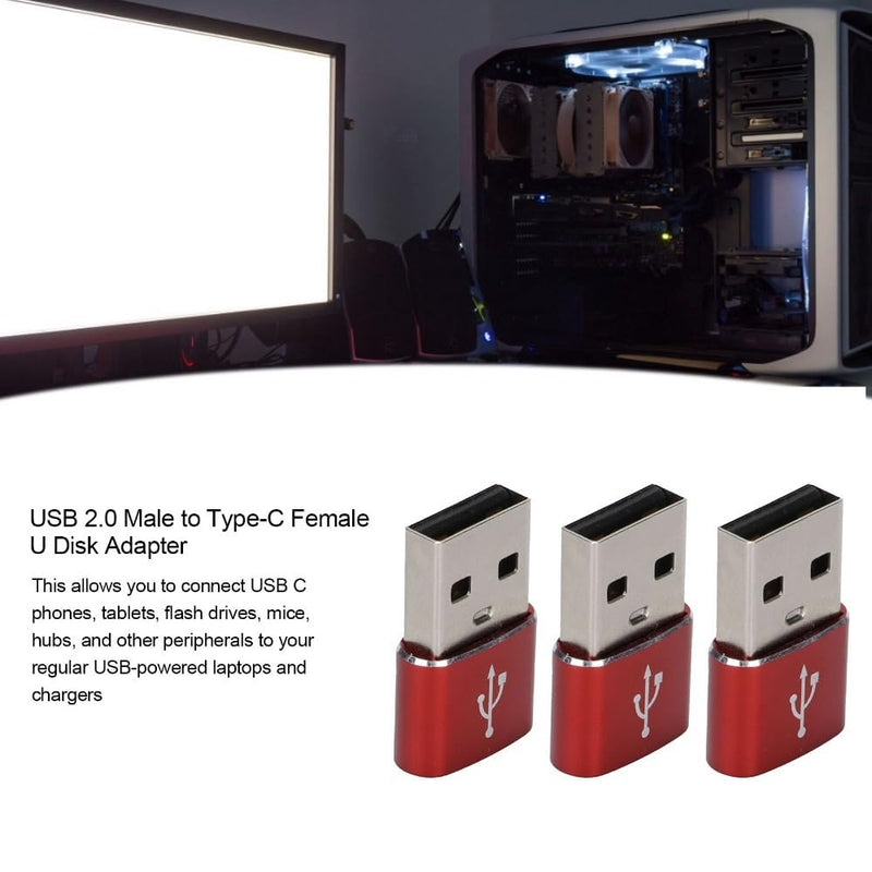 3 Pack USB 2.0 Male to USB-C Female Adapter, Aluminum Alloy Type-C Converter for Laptop, Phone, Tablet, Flash Drive(Red) Red