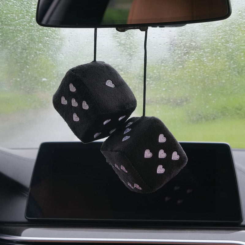 Pair 3” Fuzzy Plush Dice Heart Shape Decor for Car Rearview Mirror, Retro Square Decoration Dice for Car Hanging Accessories (Black-Red) Black-red