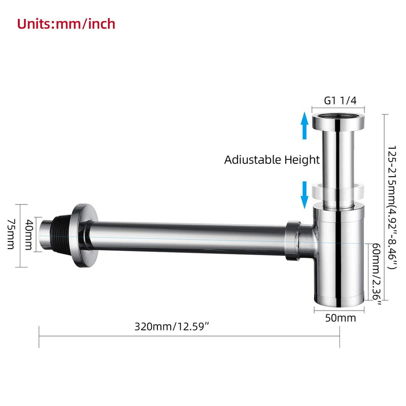 Bathroom Sink Stopper P-Trap Complete Set Adjustable 1-1/4 Sink Drain Kit Tube Solid Brass Bottle Trap w/Pop Up Drain Stopper Set, No Overflow Version, Chrome Silver
