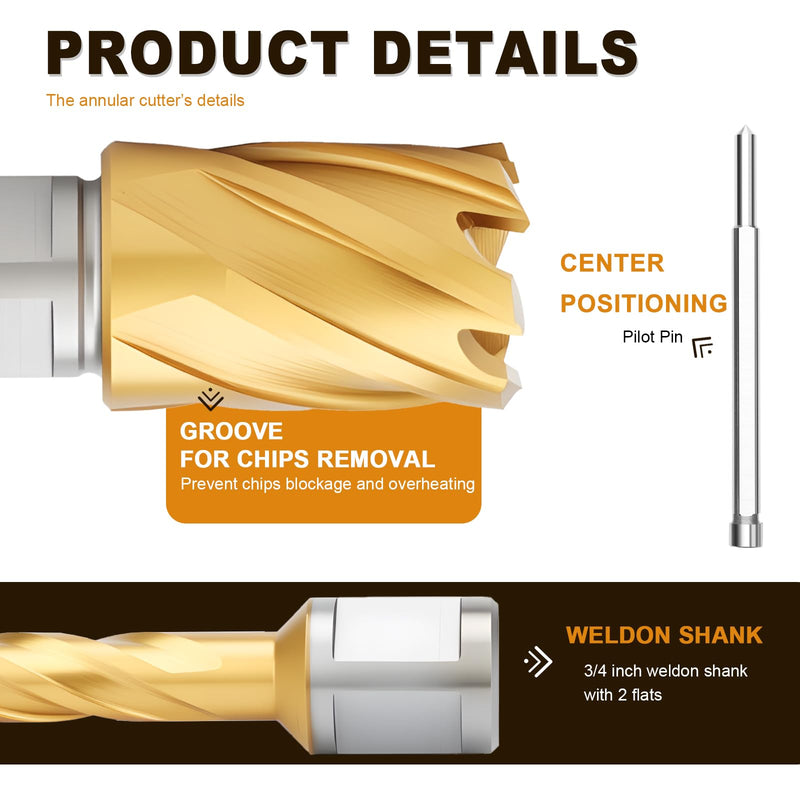 1-1/4"x2 HSS Annular Cutter，Titanium Coating，Weldon Shank，Diameter 1-1/4"，Cutting Depth 2" 1-1/4x2"