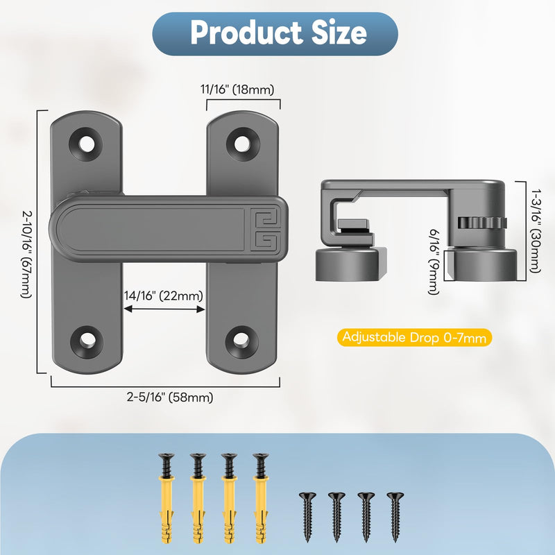 90/180 Degree Sliding Barn Door Lock, Adjustable Zinc Alloy Security Door Locks and Latches for Closets, Windows, Liquor Cabinets, Garden/Fence/Shed/Wooden Gate (Grey-2PCS) Grey-2PCS