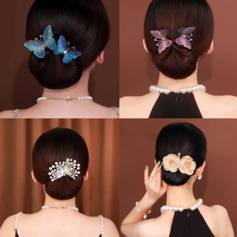 2 PACK Ins Style Elegant Lazy Hair Curler, French Twist Hair Bun Maker, Lazy Flower Hairpin,Rhinestone Hand-Embroidered Flower Hair Accessory (2Pcs-Blue Flower) 2Pcs-Blue Flower