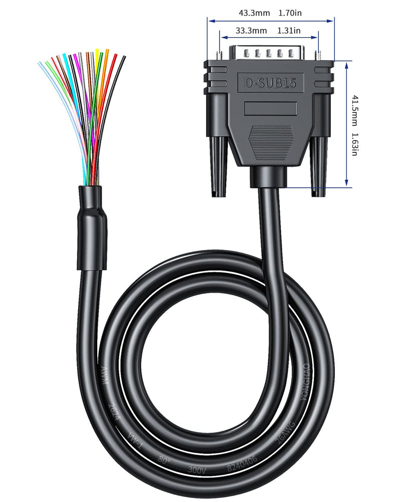 DB15 Cabel Solderless Breakout Connector, 15 pin Connector to Bare Wire,DB15 Extension Cable with Bare Wire End Cable -DB15 Connector Male, 3FT DB15 male