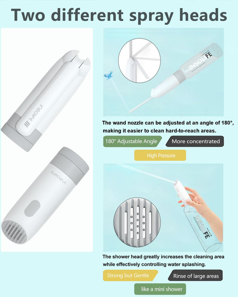 Insolife® Portable Bidet | High Pressure Travel Bidet 350ml | 2 Pressure Modes, IPX7 Waterproof, USB Rechargeable Personal Hygiene on Trip & Daily Use PB020