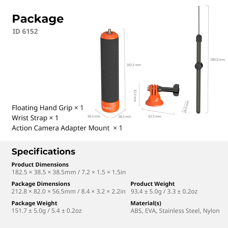SmallRig Floating Hand Grip Waterproof Monopod, Action Camera Accessories for DJI Action 6/5 Pro/4/3, for Go Pro Hero 13/12/11/10 Black, for Insta360, Underwater Hand Stick for Water Sports (Orange)