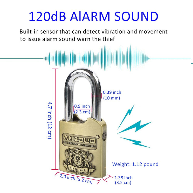 Alarm Padlock - Anti-Theft Heavy Duty Security Alarm Lock - 120db Alarm Sound & 4 Keys-Weatherproof Padlock for Storage Shed, Garage, Locker, Sliding Doors, Cabinets and More - Bronze (10 mm) 10 mm