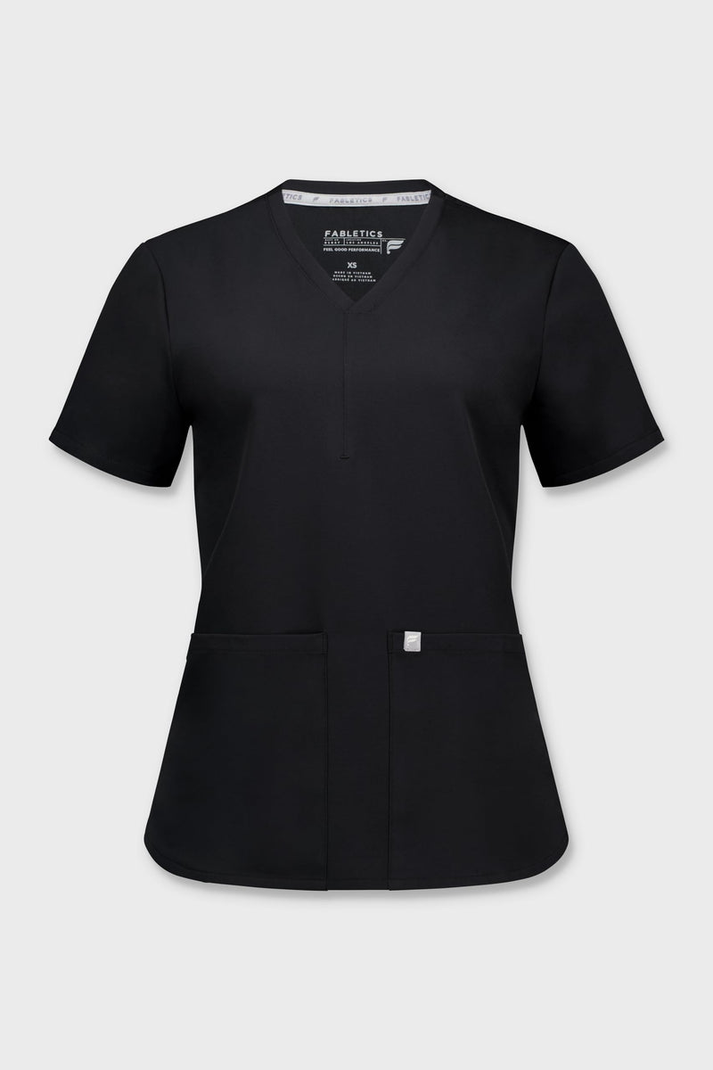 Fabletics Women's Method 2-Pocket Scrub Top - MotionTech, 4-Way Stretch, Wrinkle-Resist, Anti-Shrink Large Black