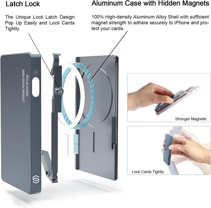 Magnetic Card Holder with Slide Button,for Magsafe Phone Wallet Quick Access to Bank Credit Card,Minimalists Metal RFID Blocking Case Work with IPhone 17/16/15/14/13/12 Series(No 12/13 mini) (Grey) Grey - Metal Wallet