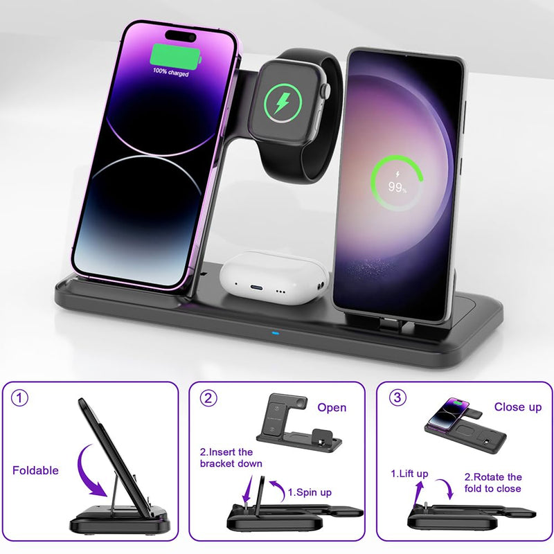 Wireless Charger for Dual iPhones, 4 in 1 Foldable Fast Charging Station for iPhone17/16/15/14/13/12 Pro Max Plus,for samsang Devices,Charging Stand for Apple Watch 11/10/9/8/2-7 AirPods Black