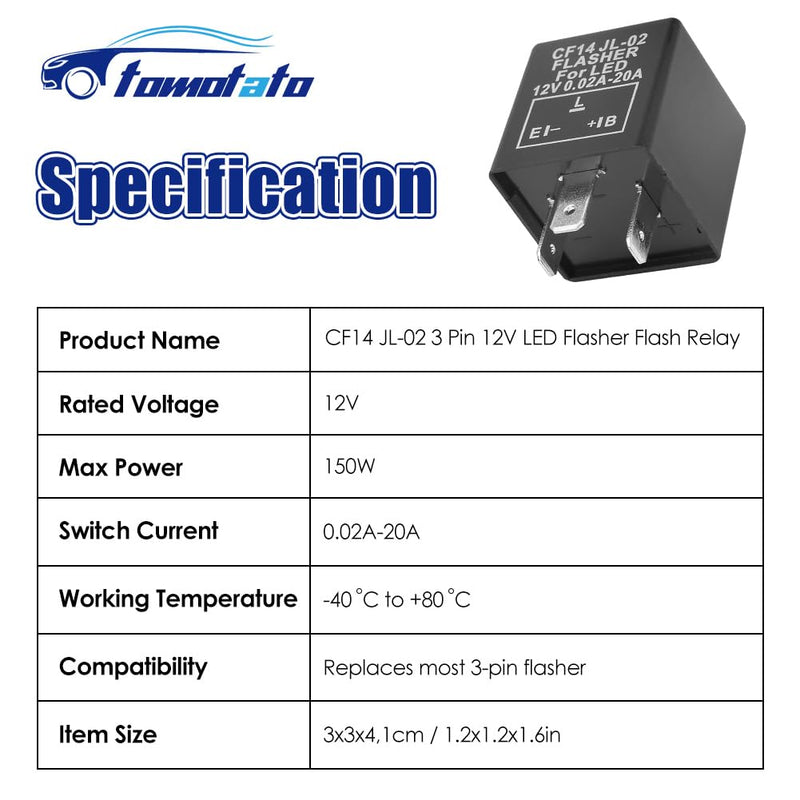 12V LED Flasher Relay, CF14 JL-02 3 Pin LED Flasher Flash Relay for Car Motorcycle Turn Signal Light Hyper Flash Fix