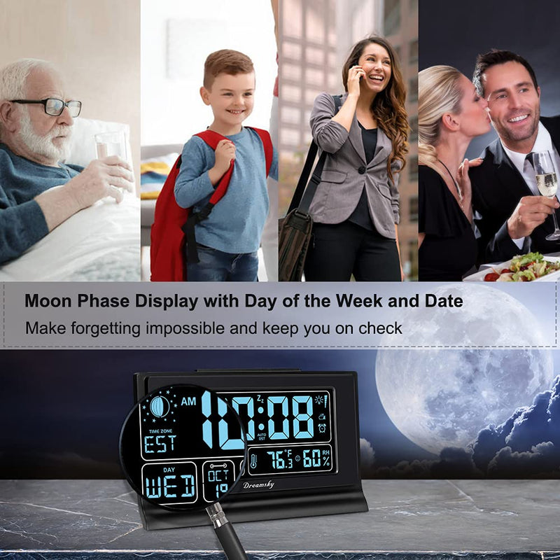 DreamSky Alarm Clocks for Bedrooms with Battery Backup, Auto Set Digital Clock with Date and Day of Week, Indoor Temperature Humidity, Moon Phase, Dimmer, Auto DST, USB Port Black-humidity & Moon Phase