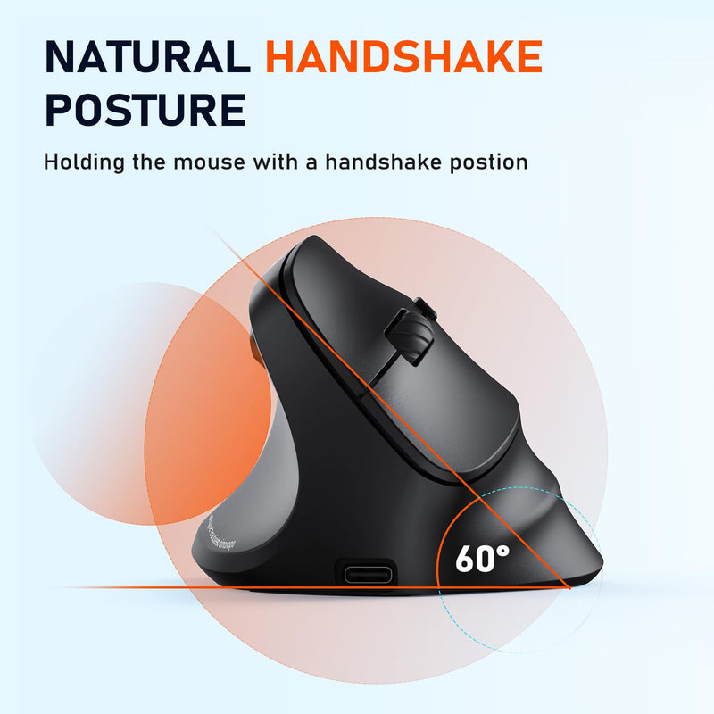 MEETION Left-Handed Ergonomic Mouse, Vertical RGB Wireless Design, Black | Comfortable vertical grip for left-handed users, rechargeable battery, Bluetooth 5.2/3.0, USB-A receiver, 4 DPI settings