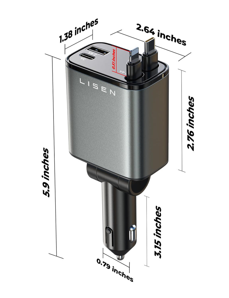 LISEN Retractable Car Charger, [2026 Upgrade 50 inch ] Long 4 in 1 Retractable Cable Car Charger, USB C Car Charger Fast Charging for iPhone 17 16 15 14 13 12 11 X Pro Max Plus Mini, Samsung S26 | Multiple Ports Car Charger, Retractable Car Charger Fas...