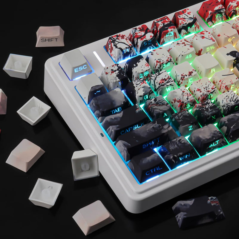Tsungup Custom Japanese PBT Cool Keycaps, Key Caps Keyboard Keycap Set | Blossom Samurai Side Printed 131 Keys Cherry Profile for Cherry MX Switches Mechanical Keyboard