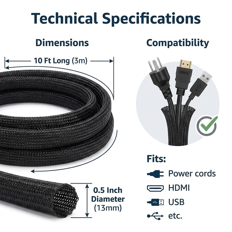 Cable Management Sleeve 10ft, Cat & Dog Chew Resistant Cord Protector, Black