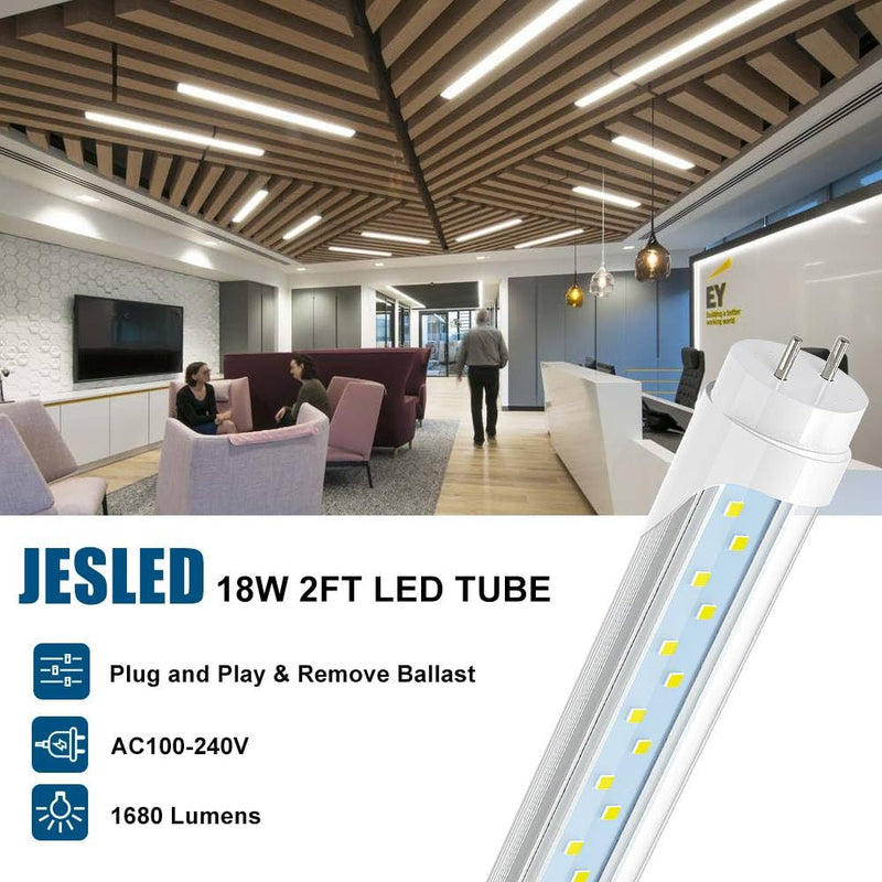 JESLED 2FT T8 LED Tube Light, 12W(30W Equivalent), 1680LM, 6000K, Ballast Bypass, 24 Inch F17T8 Fluorescent Bulb Replacement, Dual Ended, 24” Lighting Tube Fixture (4-Pack) 2FT-4Pack