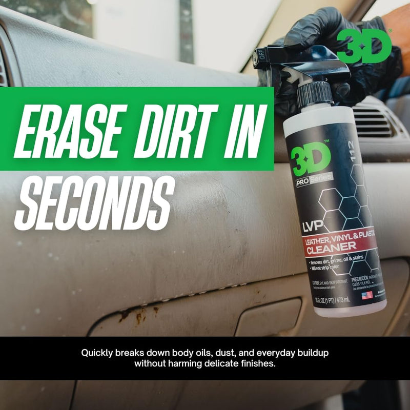 3D LVP Interior Cleaner - Removes Dirt, Grime, Grease, Oil & Stains from Leather, Vinyl & Plastic - Great for Seats, Steering Wheels, Door Panels, Dashboards - Car, Office, Home Use 16oz. 15.89 Fl Oz (Pack of 1)