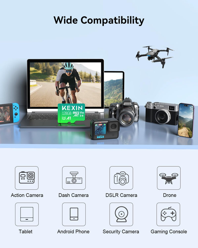 KEXIN 128GB Micro SD Card 3 Pack with Adapter - Up to 90MB/s 4K, V30, A1, C10, 4K UHD High Speed microSDXC UHS-I Memory Card Compatible with Action Camera Drone Game Smartphone Tablet 128G 3Pack