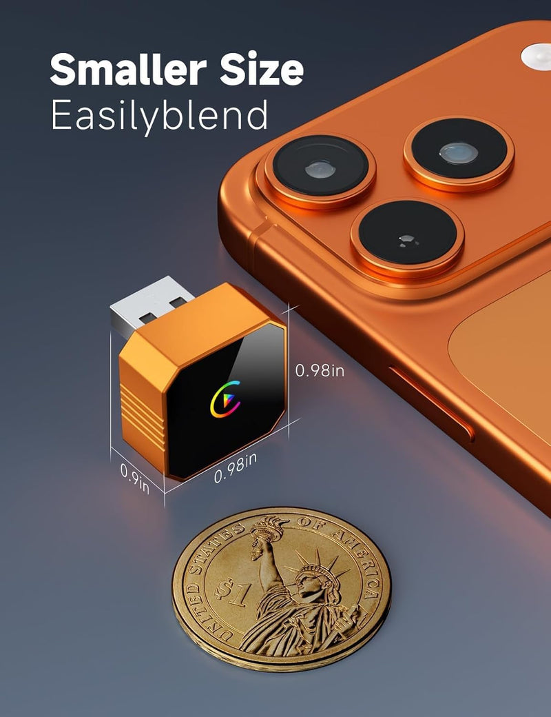 Aimoon 2026 Upgraded Wireless CarPlay Adapter for iPhone＆Android, Car Play Mini Wired to Wireless Adapter for CarPlay ＆Android Auto Plug and Play Stable Connection & No Latency for iPhone iOS 10+ Orange