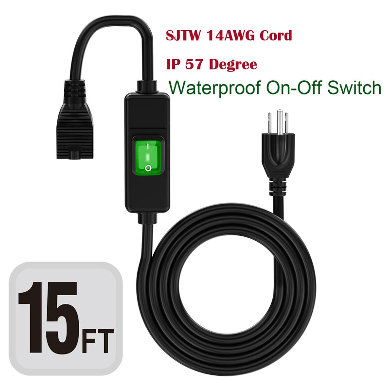 (15Feet) 3-Prong Outdoor Waterproof Extension Switch Cord, in-Line On/Off Switch Extension Cord, SJTW 14AWG 3C IP57 Waterproof,Max.20A 125V Heavy Duty Inline Switch… 15-Feet