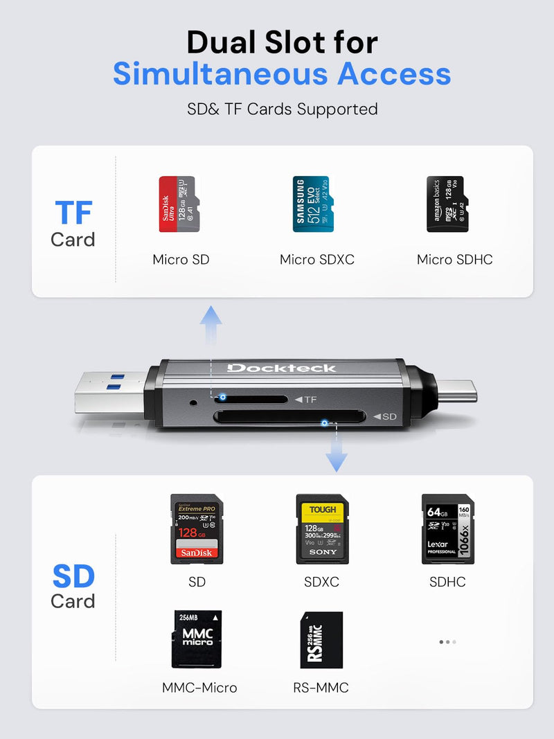 SD Card Reader, Dockteck USB 3.0 Card Reader to Micro SD Card Adapter to SD TF Memory Stick, Dual-Slot OTG Reader for UHS-I SD/Micro SD/SDHC/SDXC/MMC, for MacBook,iPad Pro/Air, iPhone 15, Android USB3.0 A/M&C/M TO TF/SD