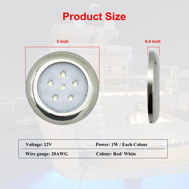 LED Boat Courtesy Light 3Inch Dual Color, IP68 Waterproof 316 Stainless Steel Boat Interior Exterior Deck Cabin Dome Transom Cockpit T Top Marine Light for Fishing Pontoon Bass Sailboat (White|Red) White & Red