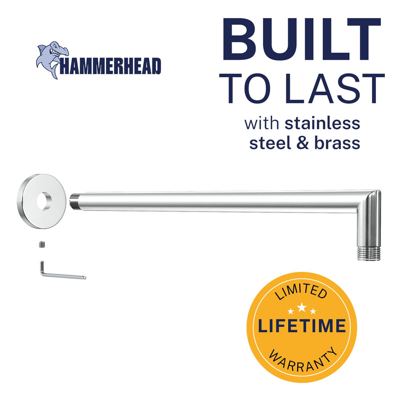 HammerHead Showers® Solid Metal 16 Inch Extended Shower Arm and Flange with Set Screw, Long Shower Arm, Extends Rain Shower Overhead, Wall-Mounted Rain Shower Arm, Chrome