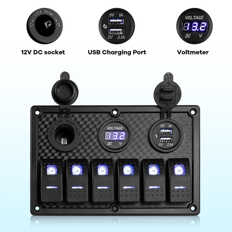 Hosyond Marine Boat Switches Panel Waterproof 12V 6 Gang Rocker Switch Panel with USB Slot Cigarette Lighter for Car RV Truck