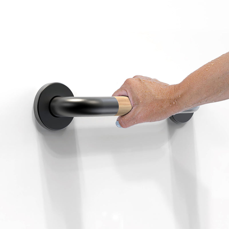 Safety Grab Bar for Bathroom & Toilet, Natural Bamboo Handle, ADA Compliant Balance Assist Handrail for Handicap and Seniors, 12in Matte Black