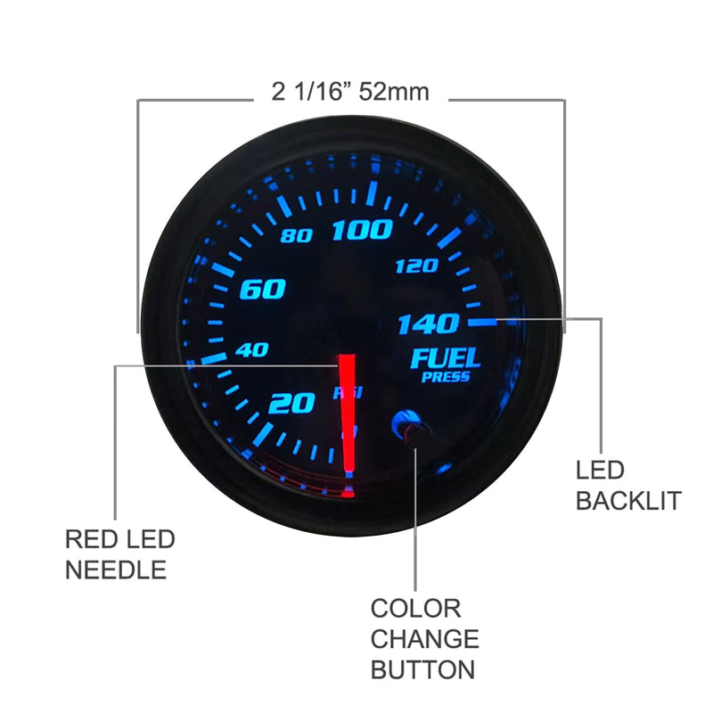 2-1/16" 52mm Fuel Press Gauge Tinted 7 Color 0-140 PSI Fuel Pressure Gauge Kit Includes Electronic Sensor
