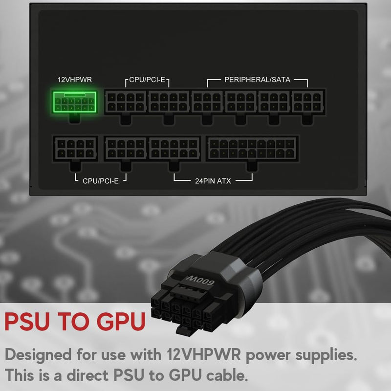 LINKUP 12VHPWR PSU-GPU Power Cable | Compatible with NIVIDA RTX 5080/5070 and All RTX GPUs | 600W 16Pin/12+4 PCIe 5.0 Cable | 70cm - Right Angle Black - Molded