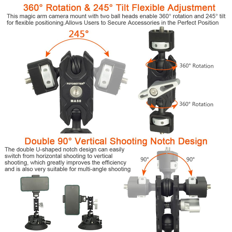 Articulating Magic Arm with 1/4"-20 Screws (with Retractable Locating Pins for ARRI), Flexible Articulating Arm Camera Field Monitor Mount with Dual Ball Heads for Camera Cage