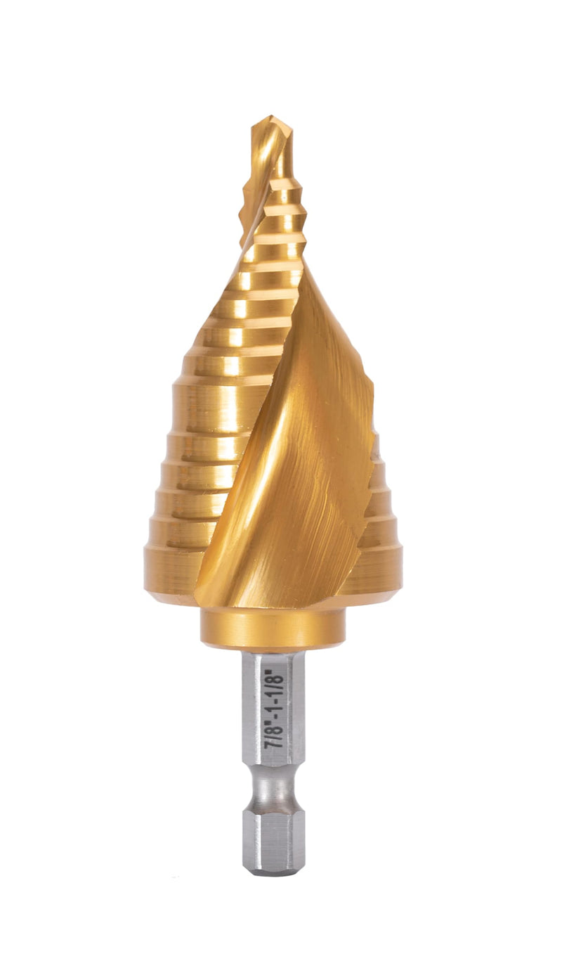 Industrial HSS Step Drill bit 7/8''-1-1/8'' with 1/4'' Hex Shank, Unibit Double Spiral Flute with TiN Coating for Metal, Stainless Steel, Aluminum, Plastic 7/8''-1-1/8''