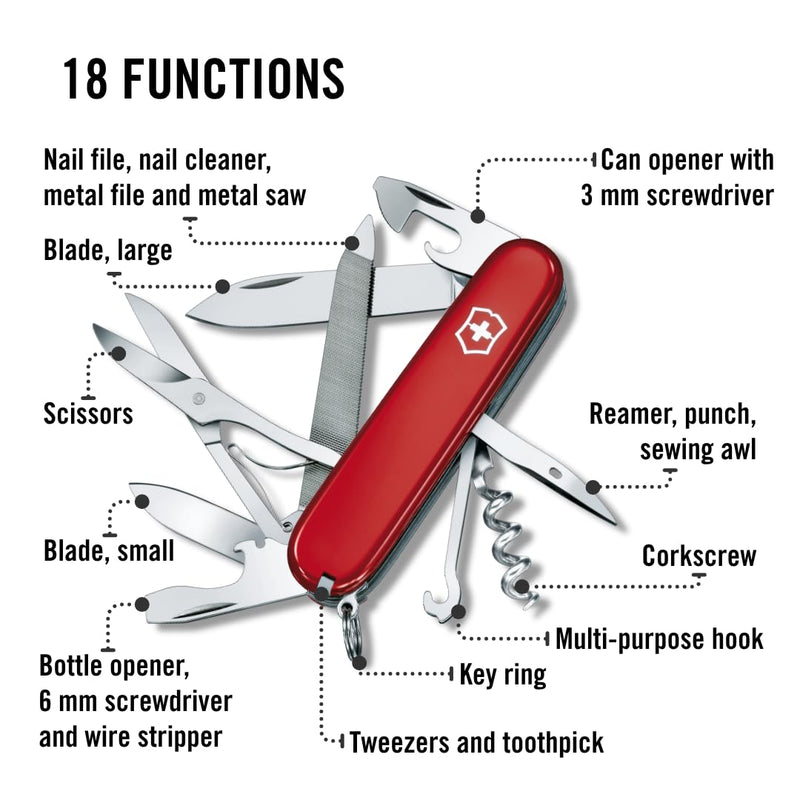Victorinox Mountaineer Swiss Army Knife, 18 Function Pocket Knife,Red | light and compact tool Includes scissors and a nail file with metal saw