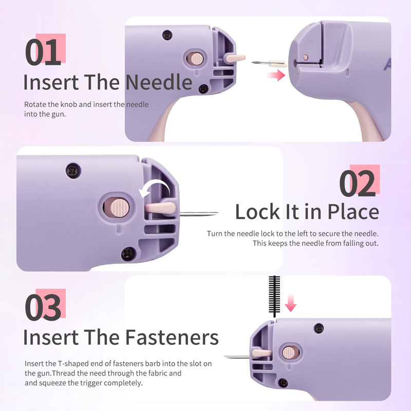 Stitch Gun for Clothes, Handheld Quick Tagging Gun for Clothing Fixer, Mini Clothing Sewing Kit, Includes Tool, Needle, and 1000 Black Fasteners & 1000 White Fasteners (Purple) Purple
