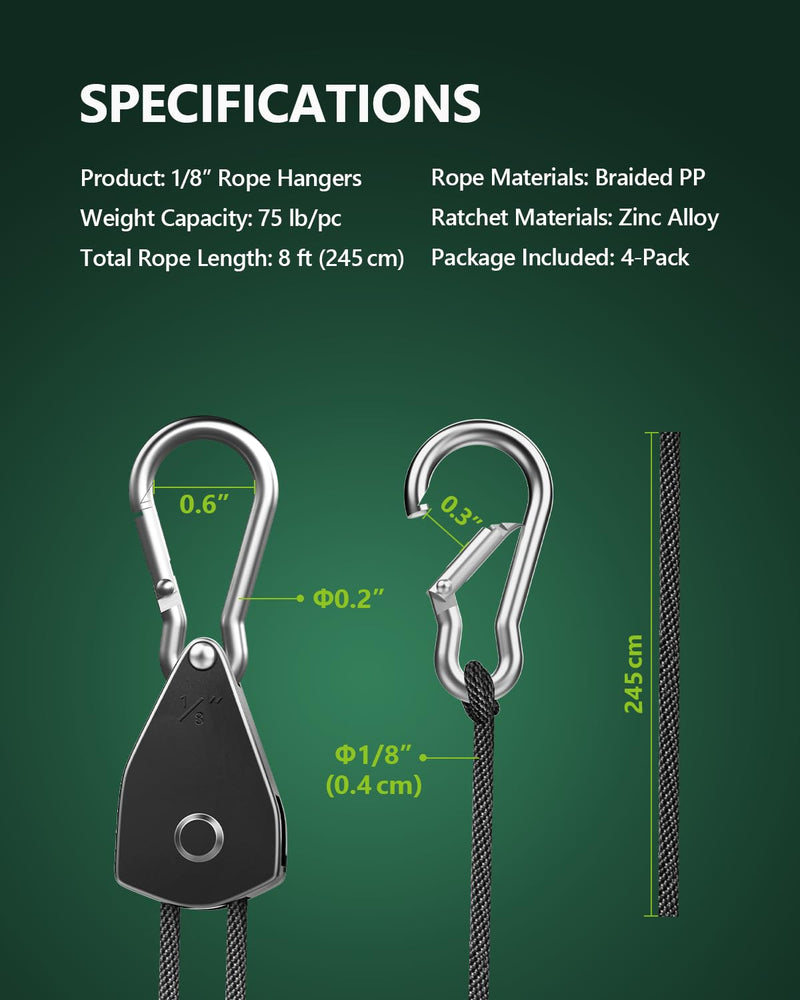 4-Pack 1/8" Adjustable Rope Hanger, Heavy Duty Ratchet Tie Down Strap with Reinforced Metal Gear, Ratcheting Pulley System Kayak Straps for Hanging Plants Grow Light and Various Tie-Down Uses 4-Pack 1/8"