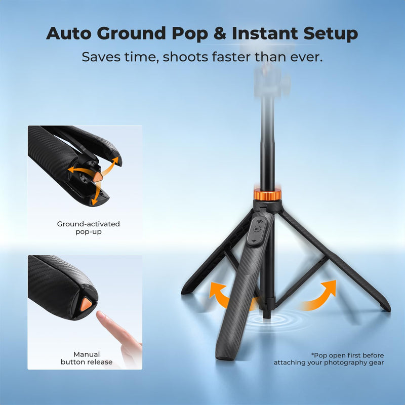 K&F CONCEPT Auto Open 62'' Selfie Stick Tripod with Remote for Vlog | 360° Ball Head Camera Tripod with 2-in-1 Phone Holder, Compatible with DJI Osmo Pocket 3 4 Insta360 Luna Ultra. MS34