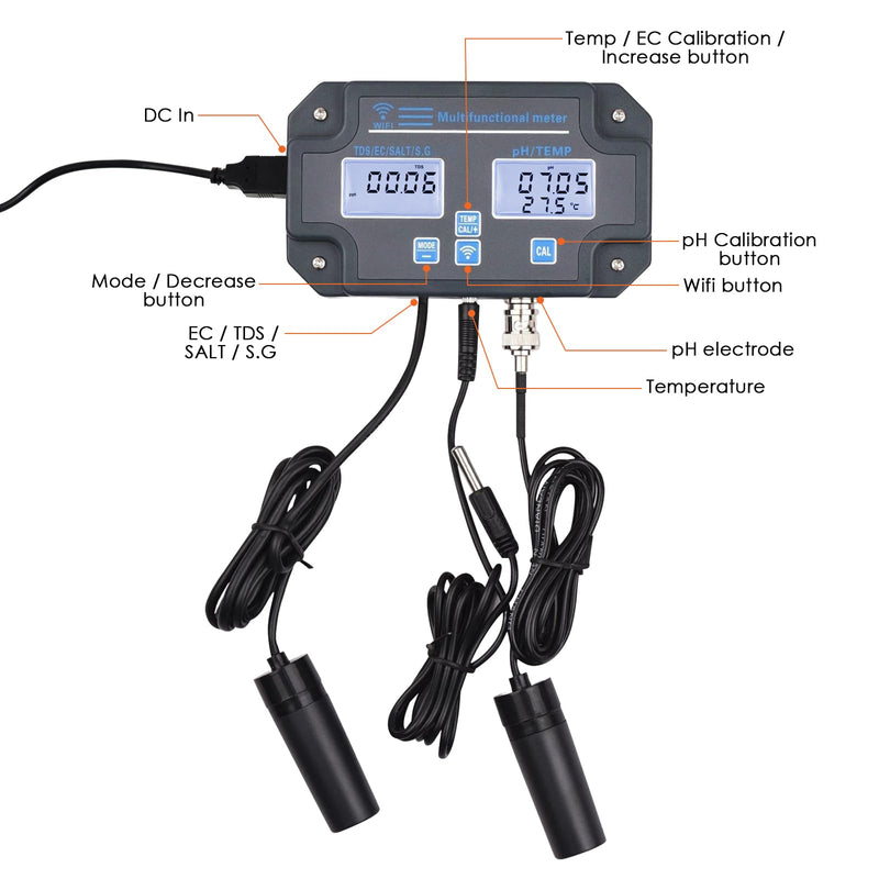 Water Quality Tester pH/EC/TDS/Salinity/SG/Temperature with Easy Calibration 24Hrs Online APP Monitoring for Fish Tank Aquariums Home Laboratory Smart Instrument 6 in 1 Digital pH Meter