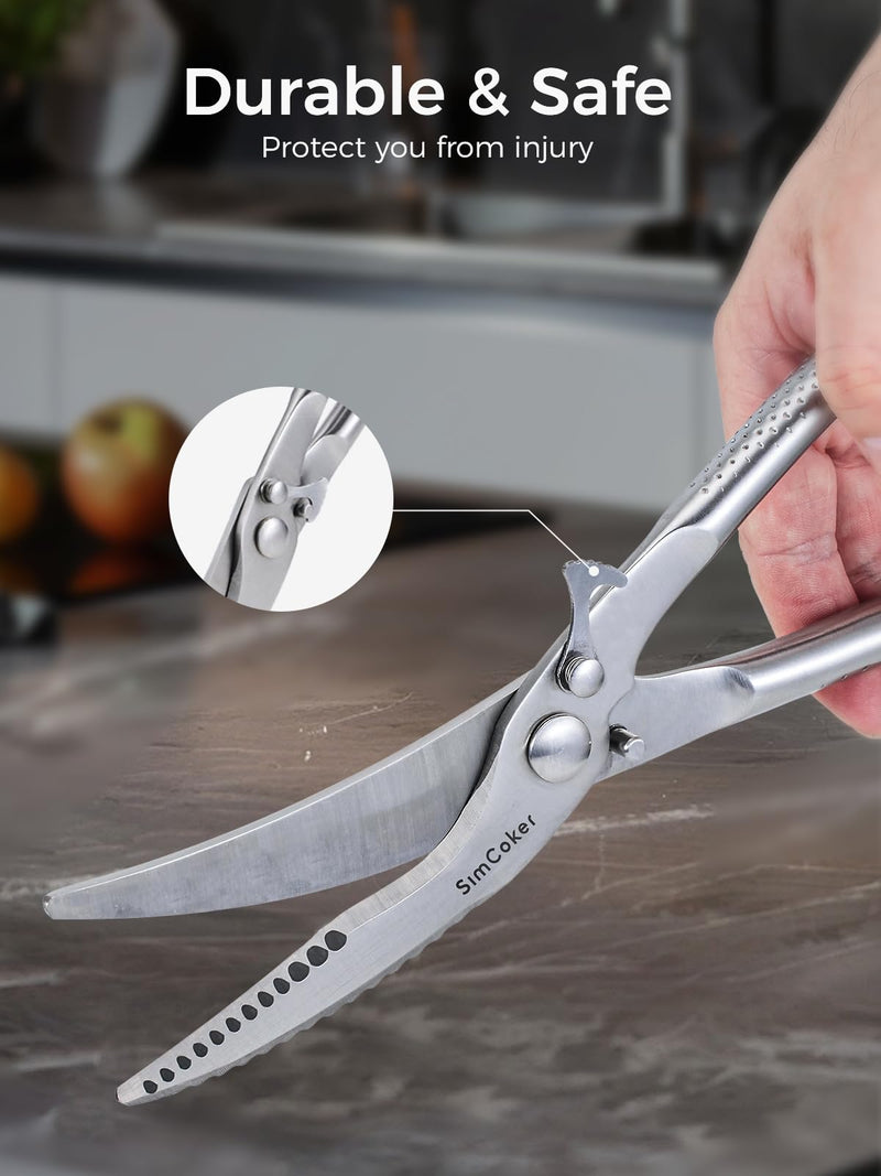 Full Steel Poultry Shears Heavy Duty, Professional Bone Cutting Scissors for Chicken, Meat, Turkey & Fish, Sharp & Durable Kitchen Shears, Dishwasher Safe Silver-full Steel