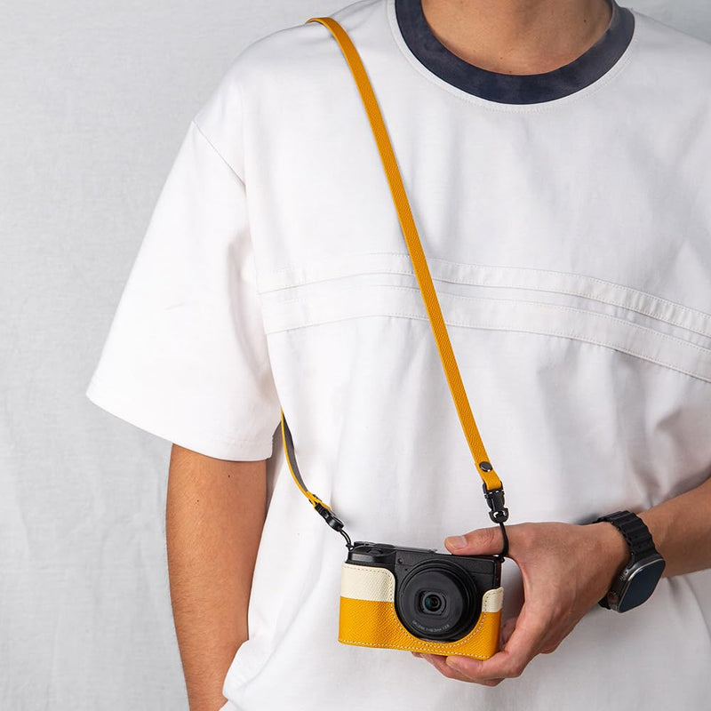 GRIV Genuine Leather Color-Block Camera Case with Shoulder Strap for Ricoh GR IV/GR IV X/GR IV HDF/GR4 Handmade Half Cover (Yellow White-Set) Yellow White-Set