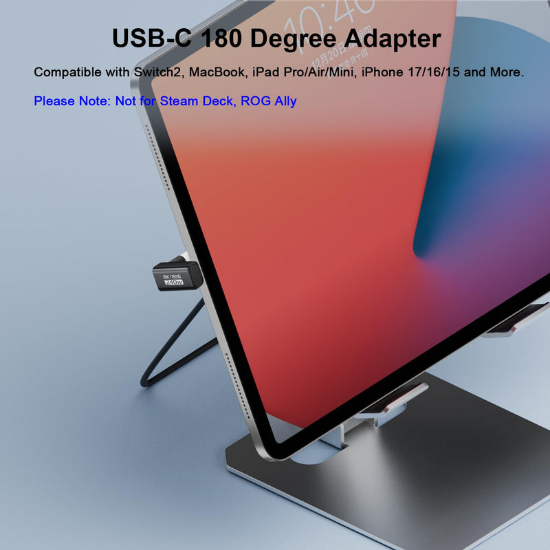 AreMe 80Gbps USB-C 180 Degree U Shape Adapter 2 Pack, Black | 240W, 16K/Dual 8K, Male to Female Extender, for Thunderbolt 5/4/3, Switch2, MacBook, iPad Pro/Air/Mini, iPhone 17/16/15