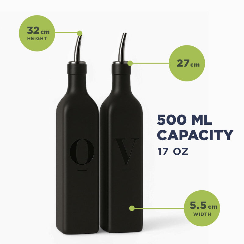 Olive Oil Dispenser Bottle Set, Oil and Vinegar Dispenser Set, Glass Oil Container, oil bottles for kitchen with Pourers and Funnel, 500ml | Set of 2 - Black