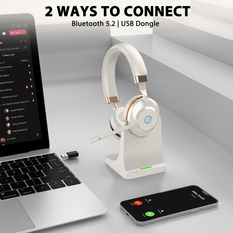 Wireless Headset with Mic for Work, V5.2 Bluetooth Headset with Microphone Noise Canceling & Charging Base, Wireless Headphones with Mic Mute Button & USB Dongle 45Hrs for Laptop/PC/Call Center/Home Gold White