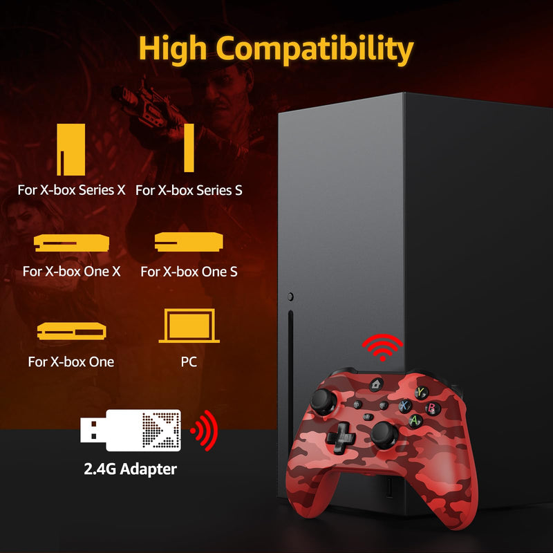 Kamylorus Wireless Controller for X-BOX One/PC, Camo Red | Hall Effect Gamepad, Turbo, 2.4G Plug and Play, Dual Vibration, 3.5mm Headphone Jack, for X-BOX One S/X, X-BOX Series S/X, PC Red Camo