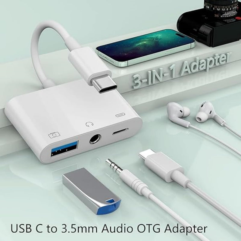 USB C to USB Adapter, 3 in 1 AUX to USB C Adapter with 3.5mm Headphone Jack + OTG + 60W PD Fast Charging Port,Compatible with iPhone 15/16, iPad Pro, MacBook and More